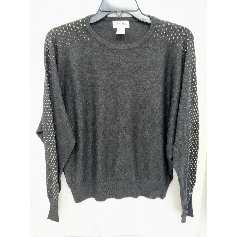 Carmen Marc Valvo Shirt Women's Size XL Black Rhinestones Long Sleeve Blouse